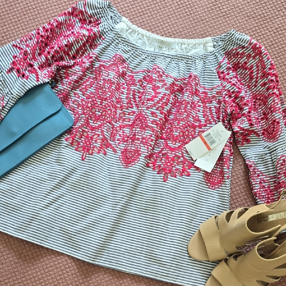 Fever Tops - Fever Striped Pink Embroidered Women's Top